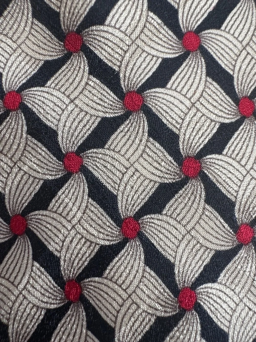 Bally Geometric Silk Tie in Black, White & Red Dot Accents